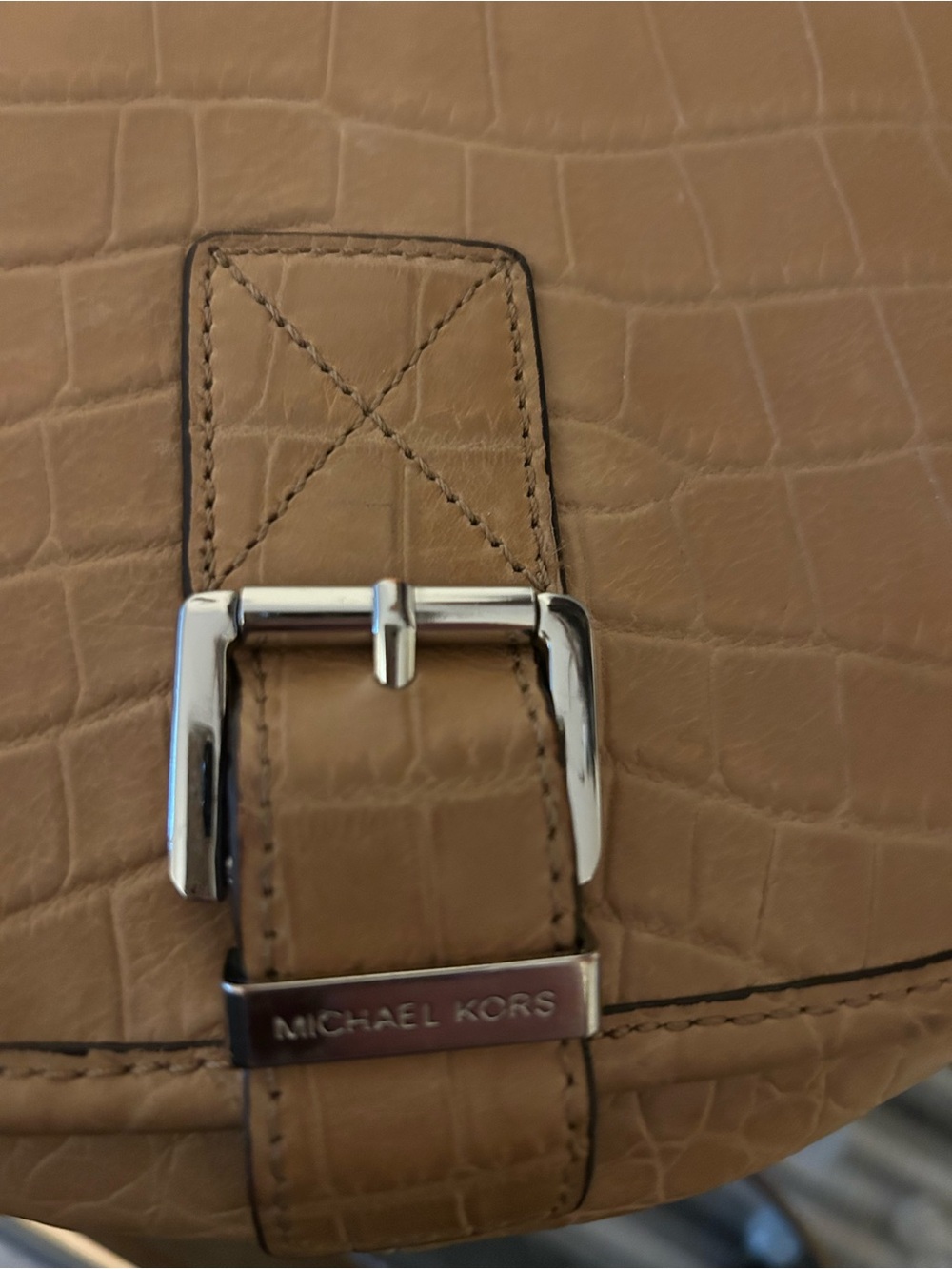 Michael Kors Croc-Embossed Saddle Crossbody in Camel - Picture 2 of 5